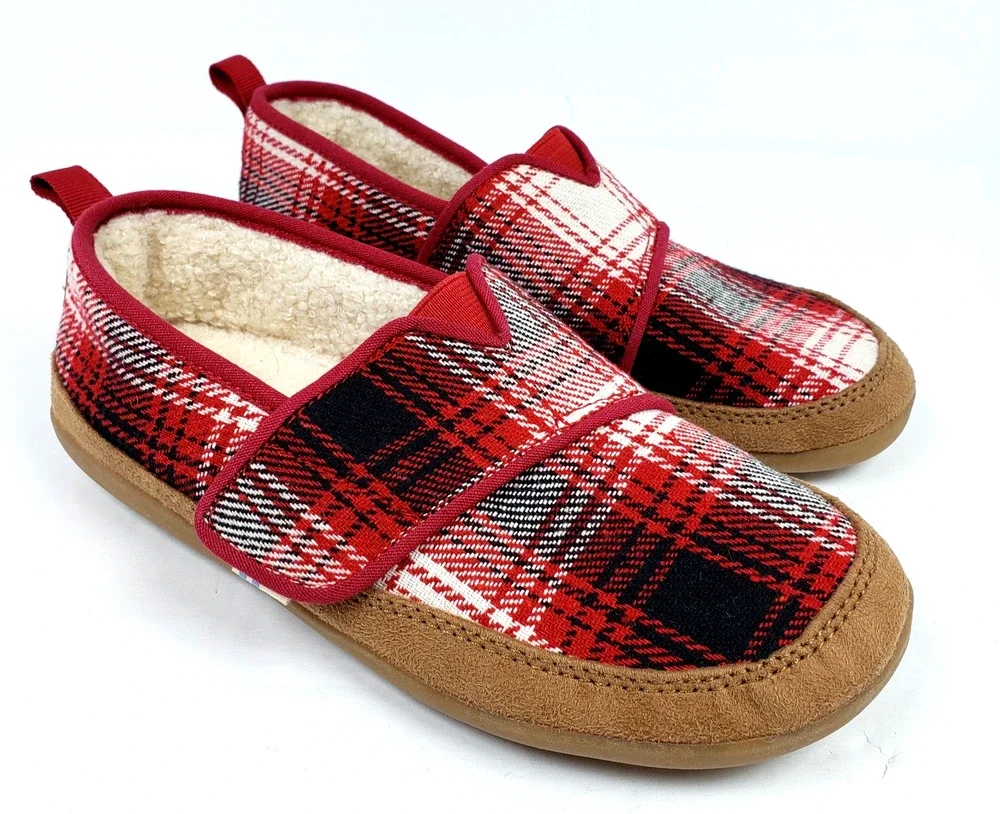 Toms Youth Kids Size 3Y Red White Plaid Slip On Loafer Slipper Shoes